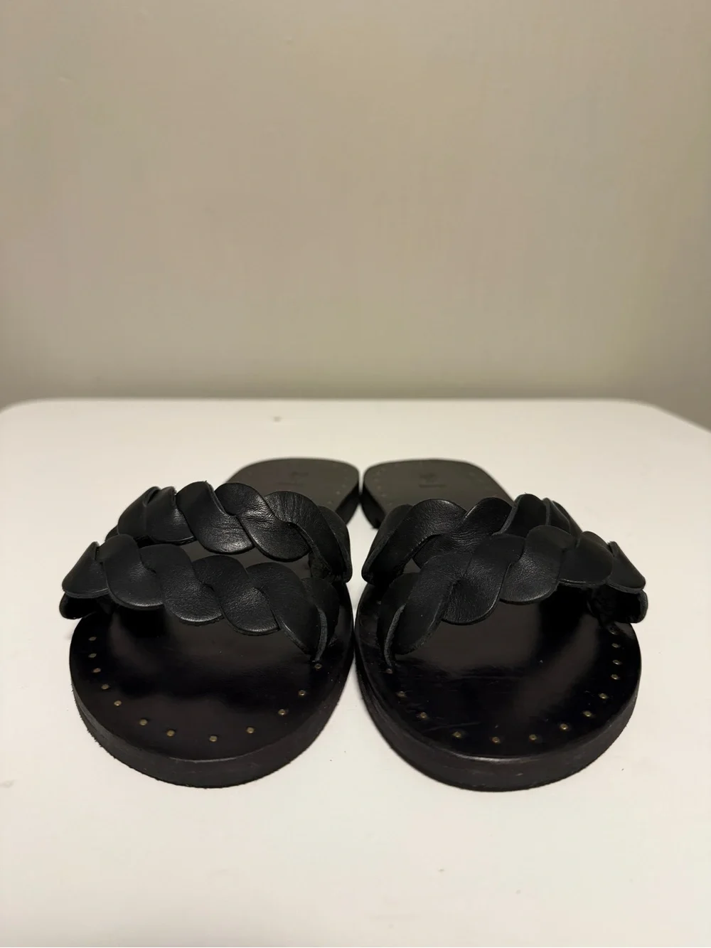 Frye Azalea Black Leather Braid Slide Flat Sandals Women’s US 7-7.5